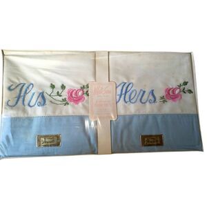 NIP Pair Of Embroidered His and Hers Vintage Pillow Cases White Blue pink floral